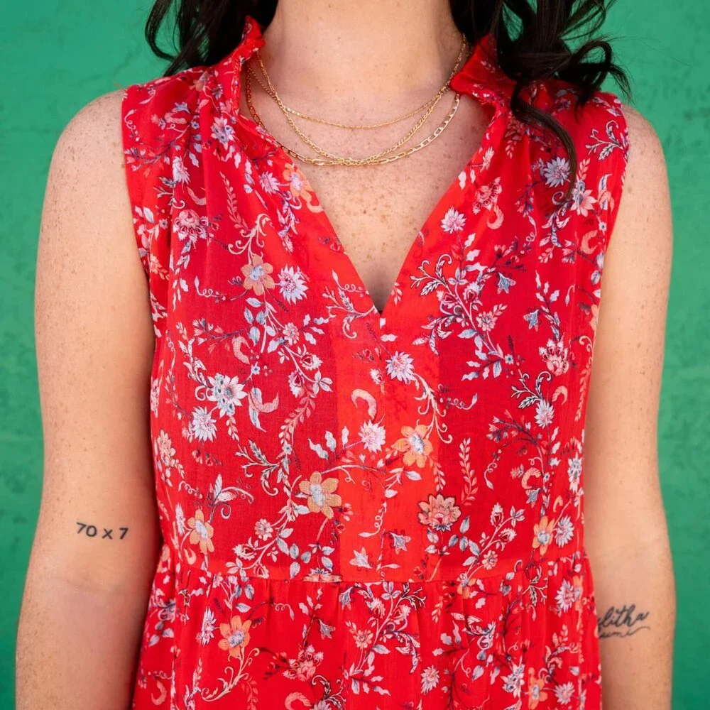 NWT - Dear John Sleeveless Cotton Eliza Dress in Trailing Vines Red Floral - Picture 3 of 4